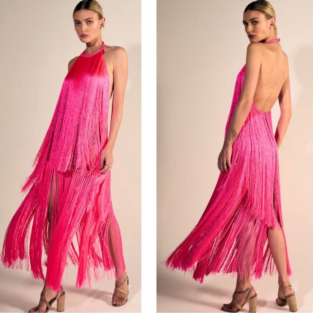 ANDREA ALMEIDA Bel Crochet Fringe Tiered Pink Maxi Dress Size XS/S - Picture 3 of 15
